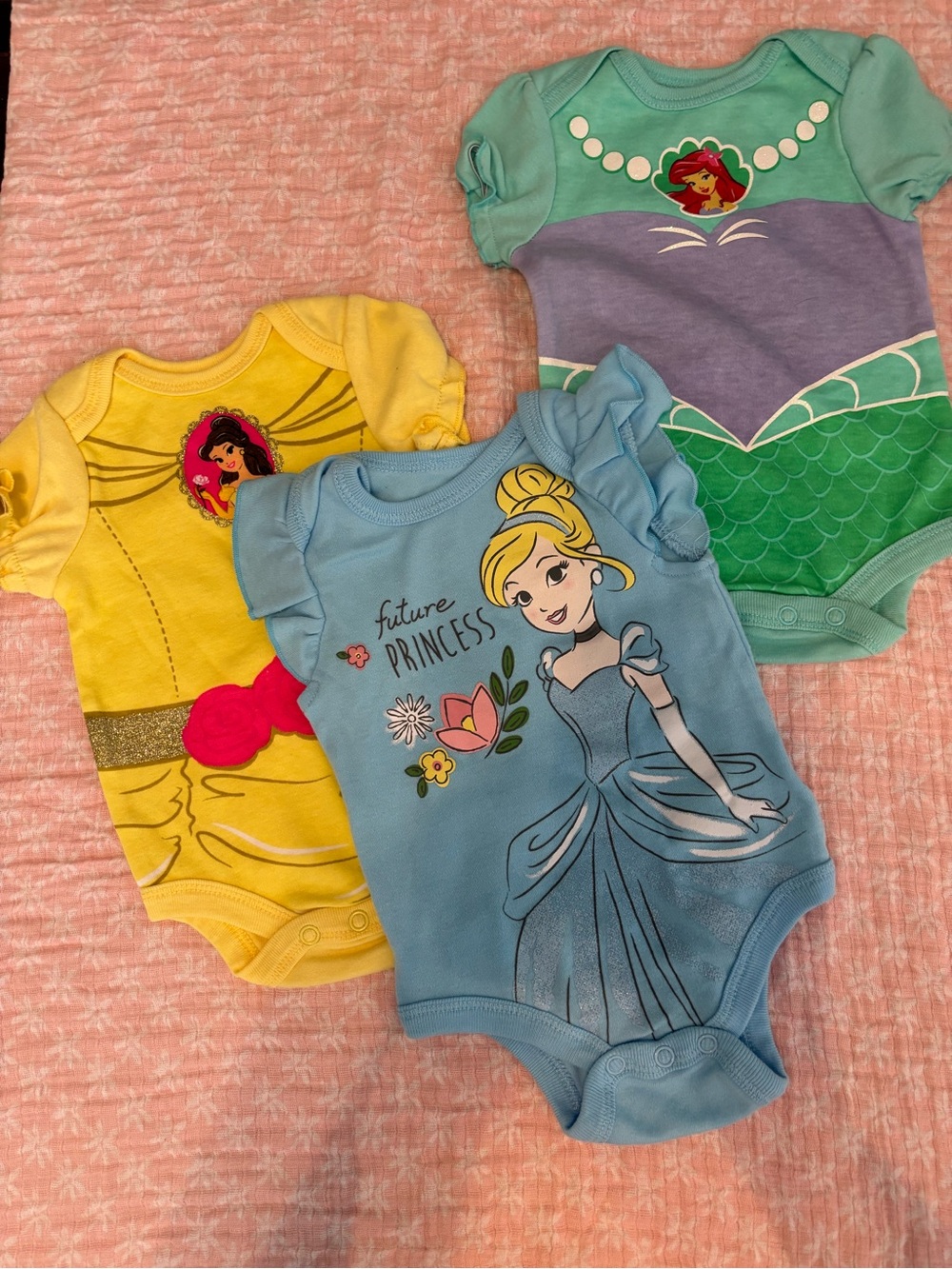 Disney Baby Girls Princess Bodysuit Set - Yellow- Belle, Blue-Cinderella, Green-